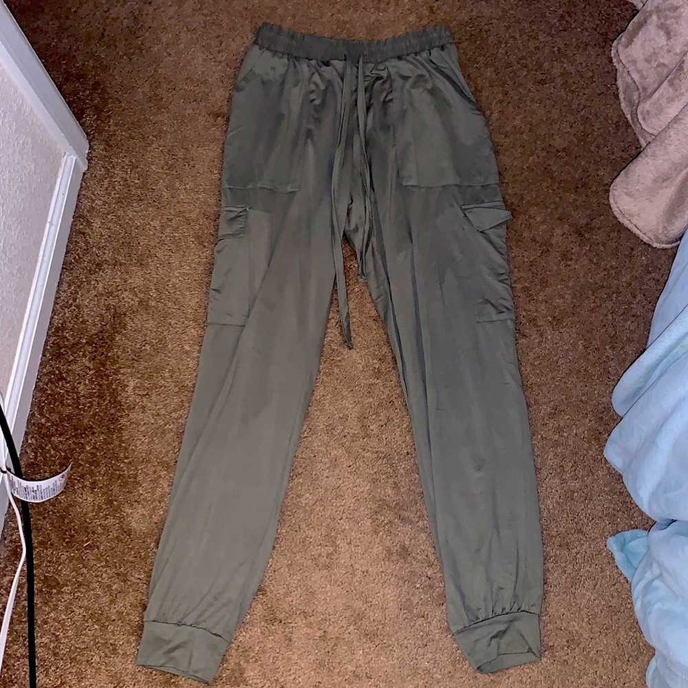 Green, soft, loose cargo pants from NO COMMENT NY•LA